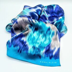 Vintage Anne Klein Turquoise Blue Watercolor Silk Oblong Scarf